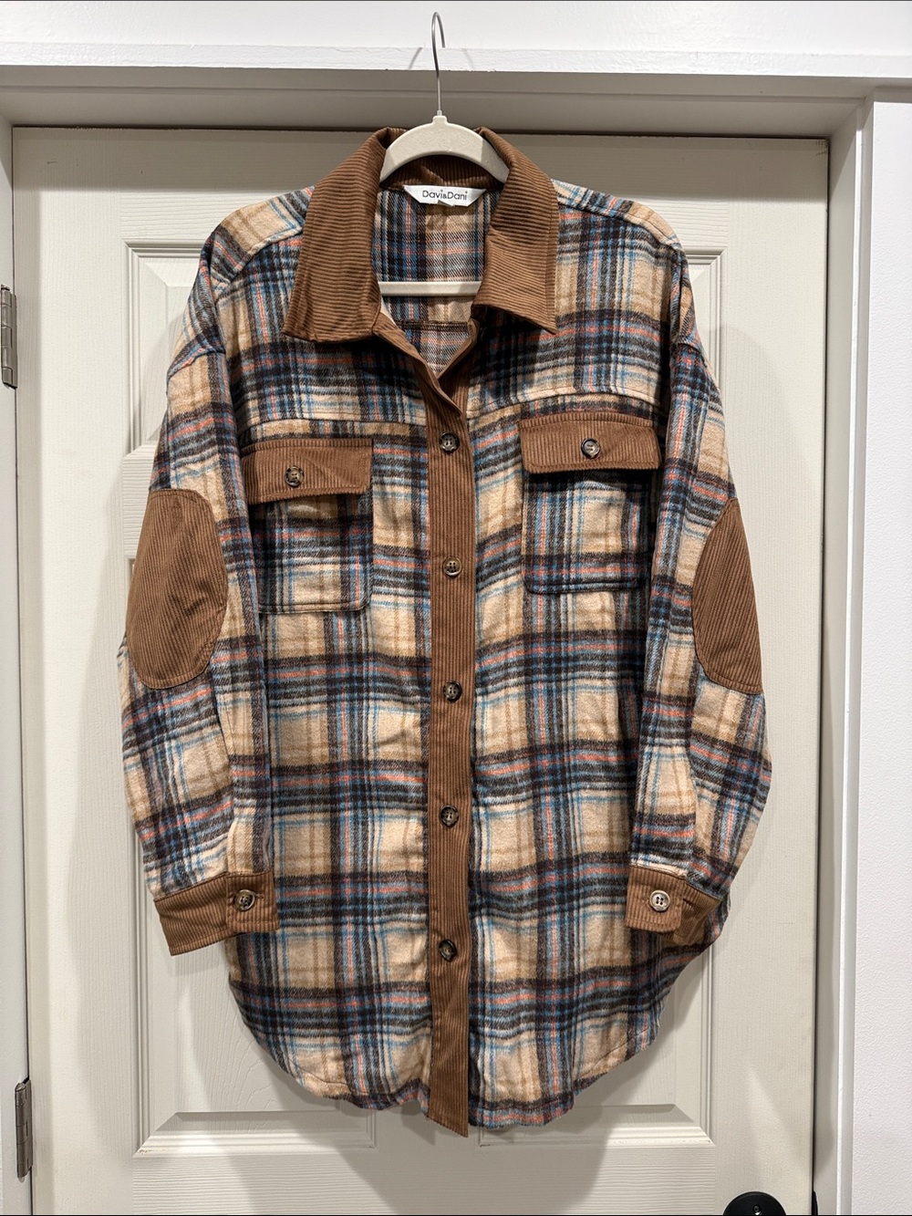 Plaid Shacket with Corduroy Trim - Brown Plaid